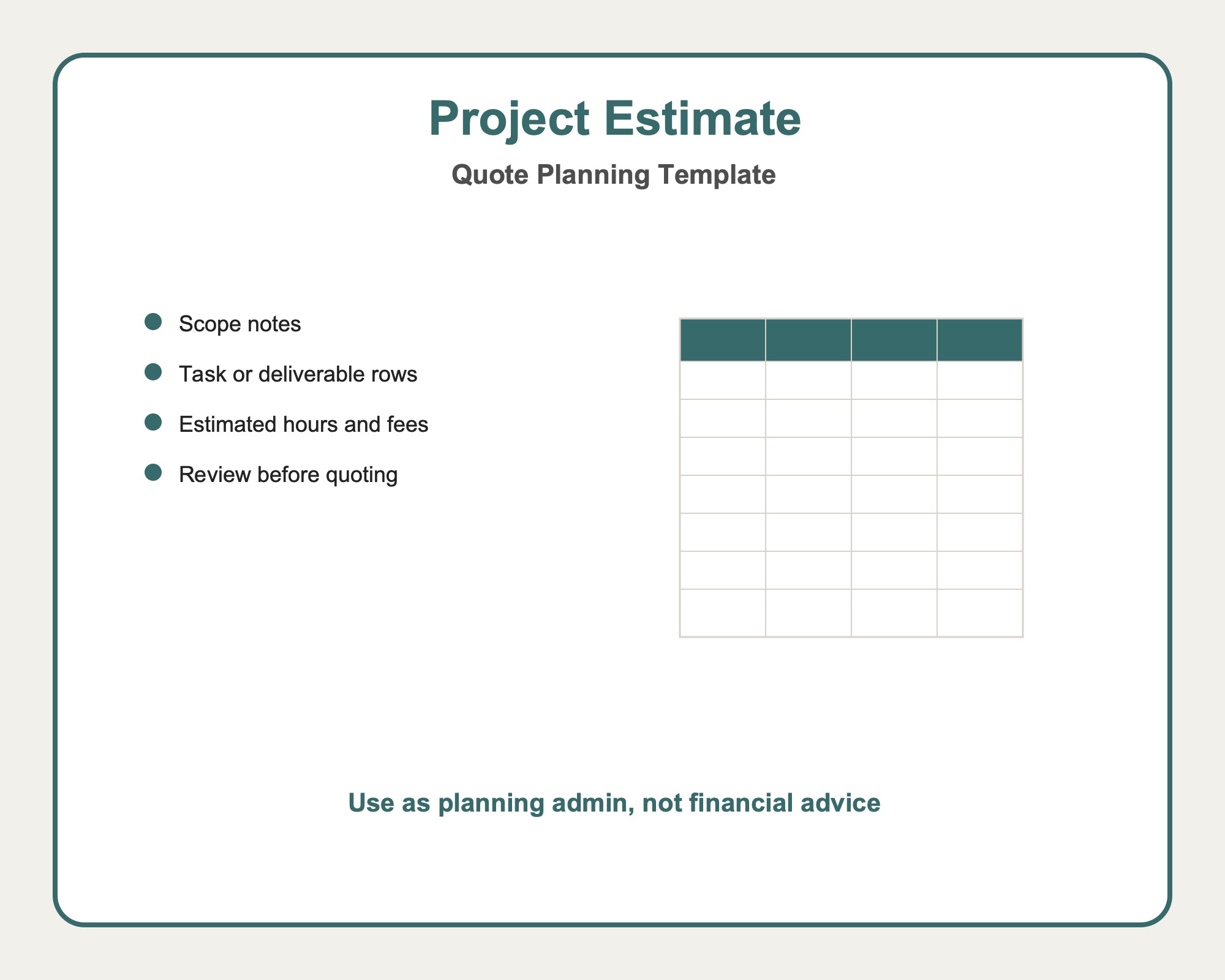 Project estimate template preview